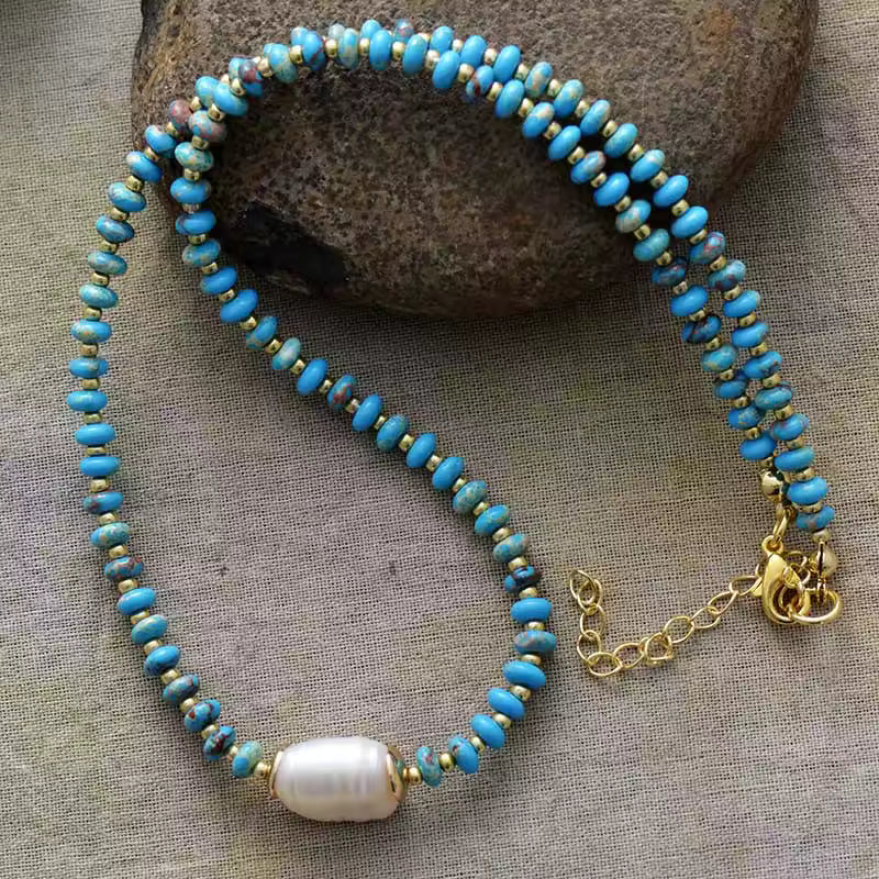 Natural Turquoise Beads & Baroque Pearl Choker Necklace
