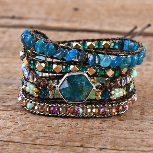 Natural Apatite & Mixed Jasper Hexagonal Charm Vegan Wrap Bracelet