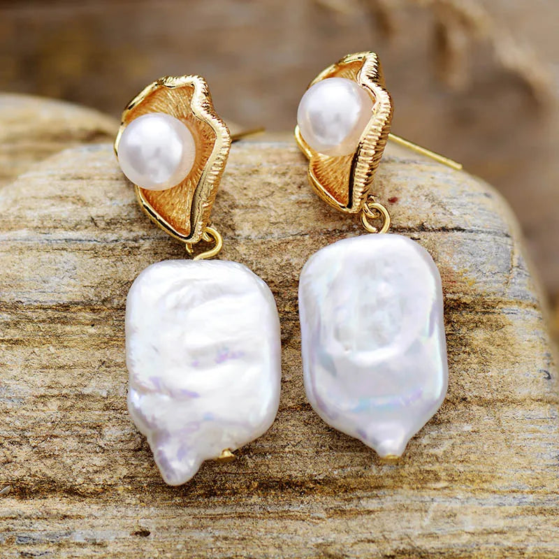 Natural Freshwater Pearls Gold Plated Sea Shell Earrings