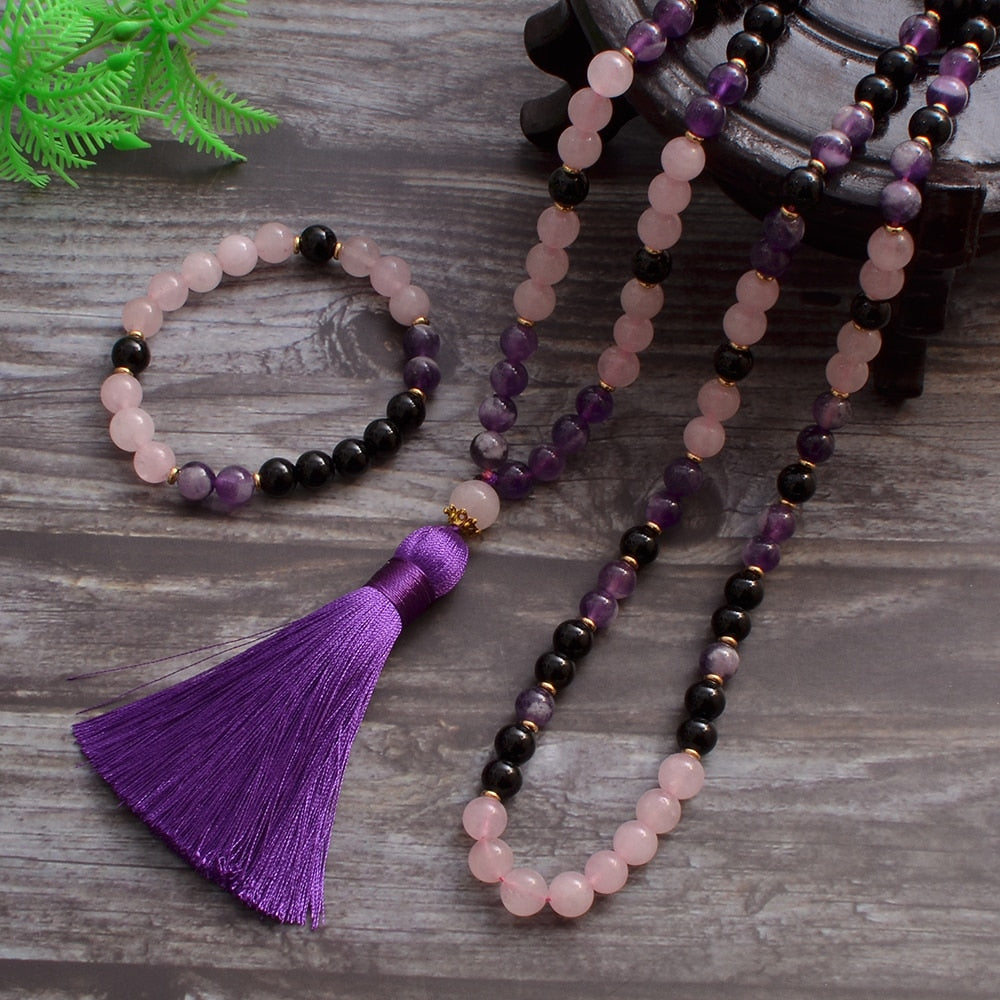 Natural Amethyst, Black Onyx & Rose Quartz 108 Beads Mala Necklace / Bracelet