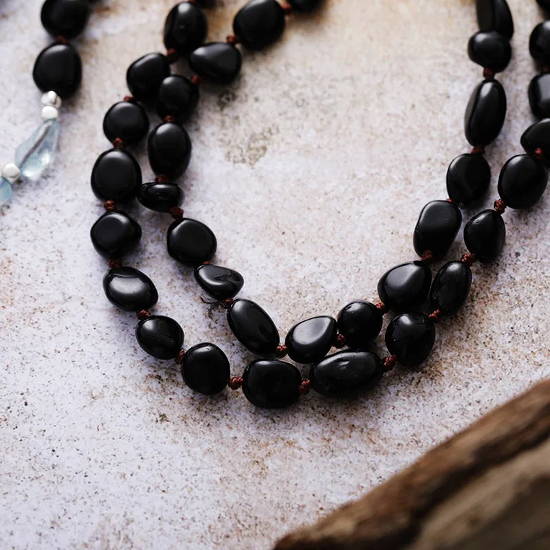 Natural Black Agate & Clear Quartz Tree of Life Necklace