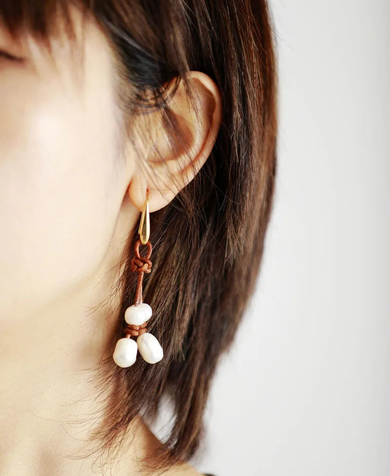 Natural Freshwater Pearls Leather Dangling Earrings