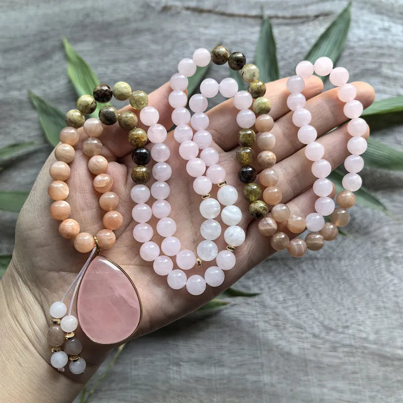 Natural Garnet, Sunstone & Rose Quartz 108 Beads Mala Set