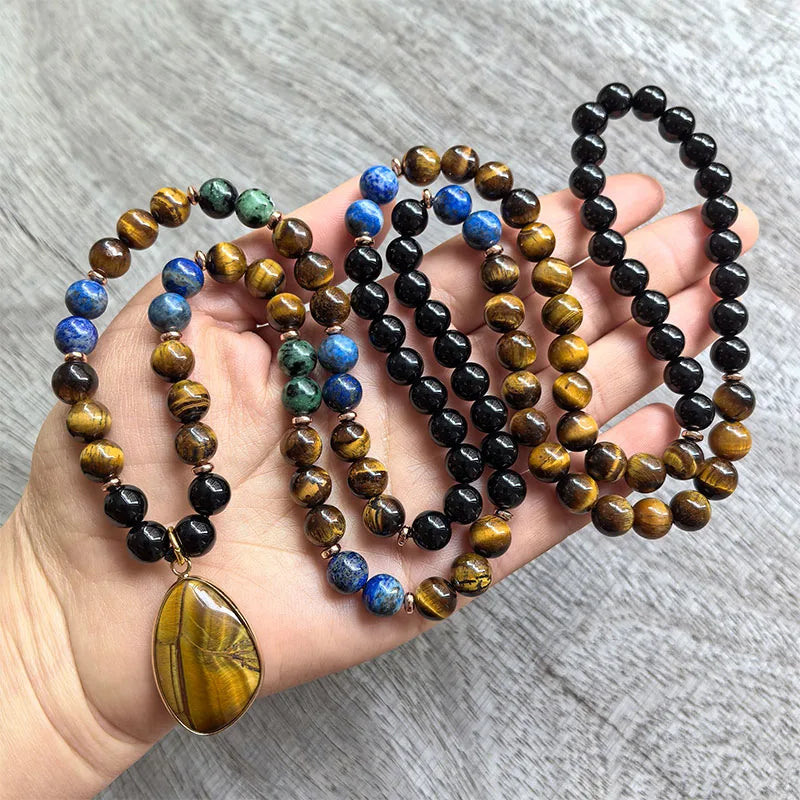 Natural Ruby Zoisite, Tiger Eye, Lapis Lazuli & Black Onyx 108 Beads Mala Set