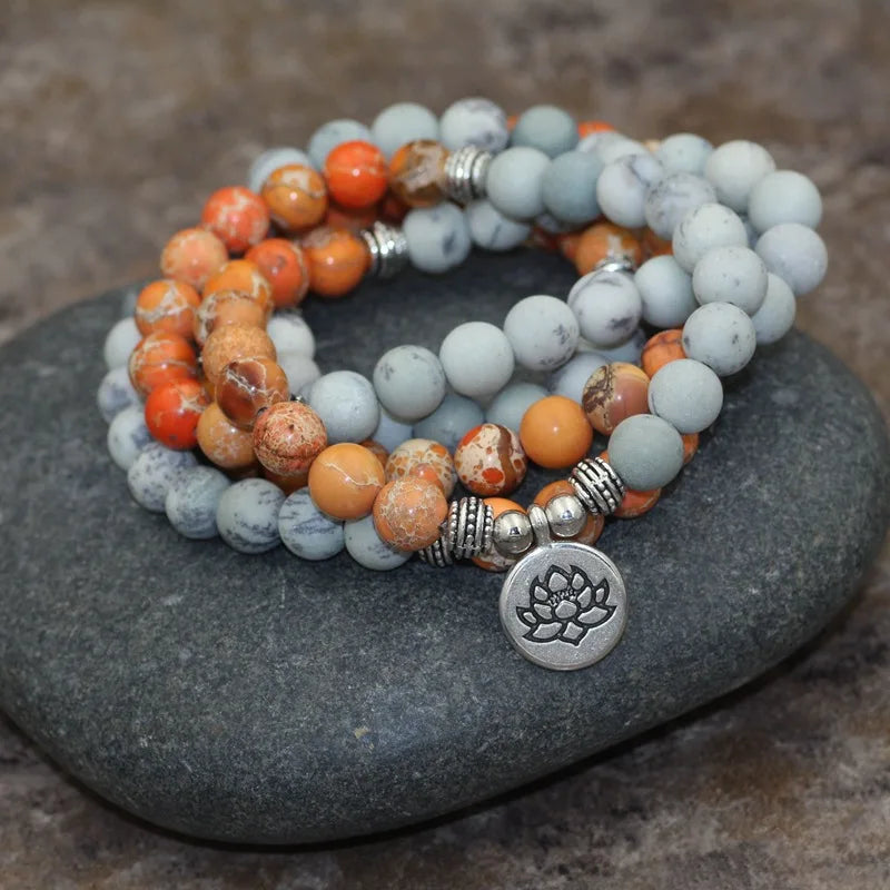 Natural Orange Jasper & Snowflake Obsidian 108 Beads Mala