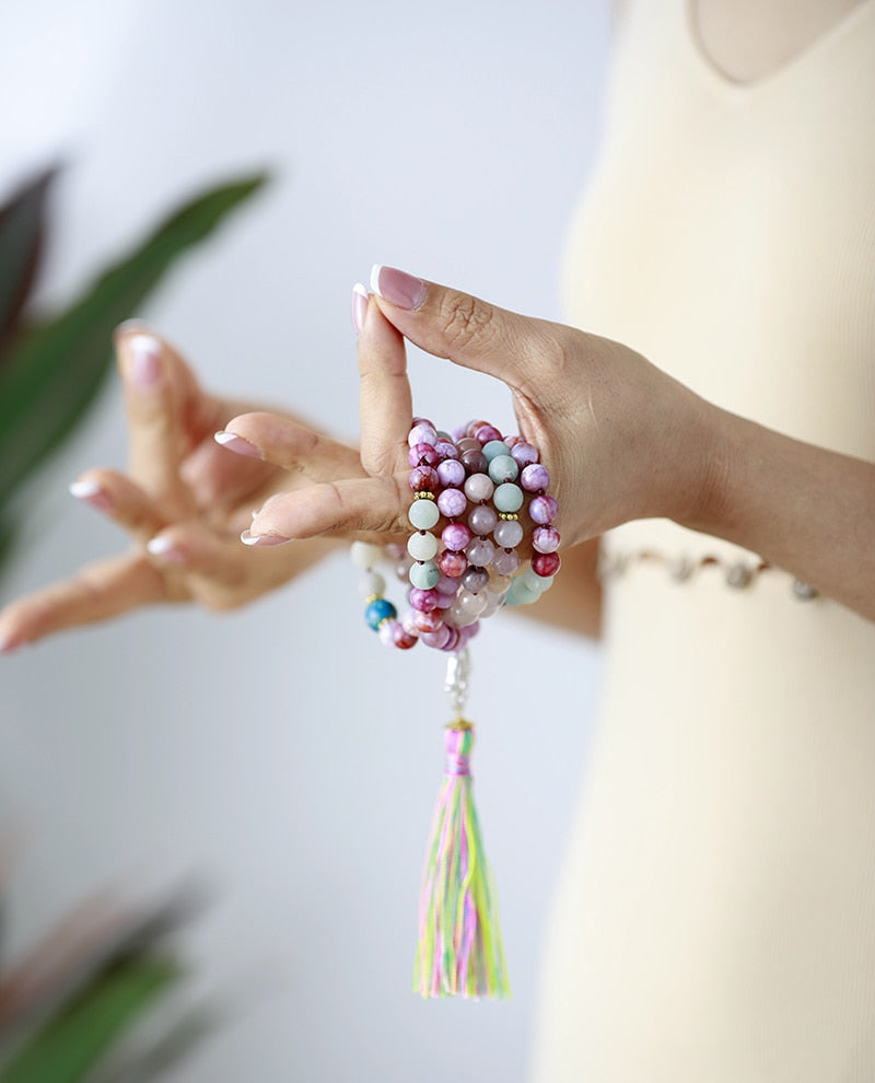 Natural Agate, Jasper & Amazonite 108 Beads Hamsa Hand Mala Necklace