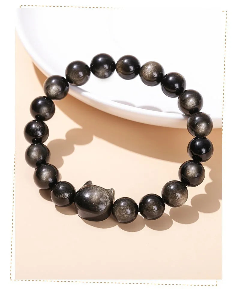 Natural Gold / Silver Sheen Obsidian Cat Bracelet