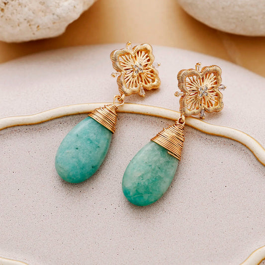Natural Amazonite Wire Wrapped Gold Plated Earrings