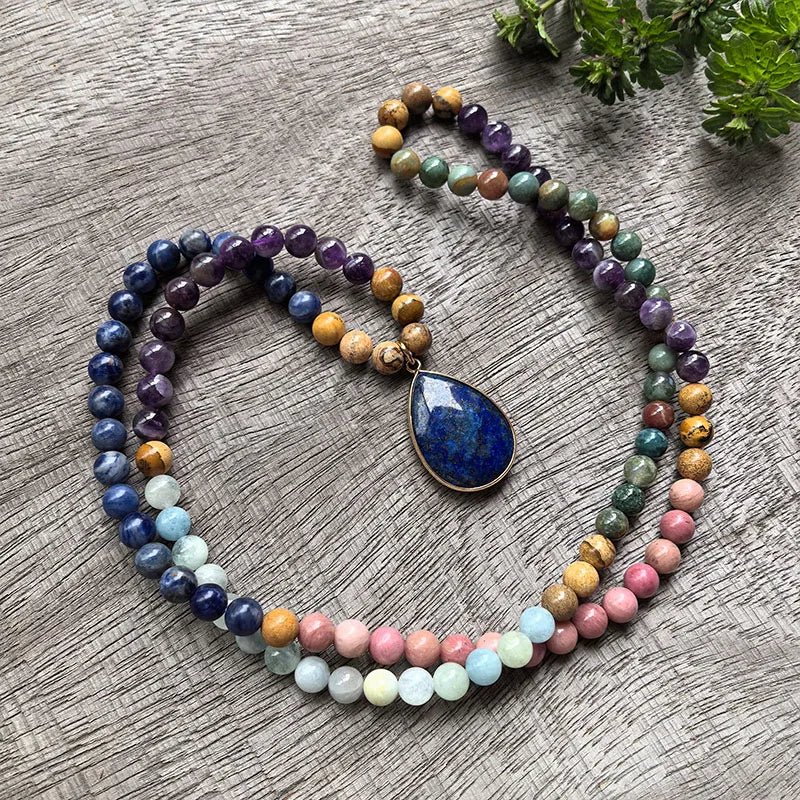 Natural Amethyst, Aquamarine, Indian Agate, Picture Jasper, Rhodonite & Sodalite 108 Beads Mala Set