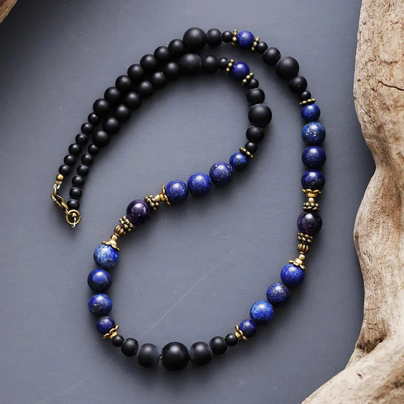 Natural African Turquoise, Black Onyx, Tiger's Eye Beaded Choker Necklace