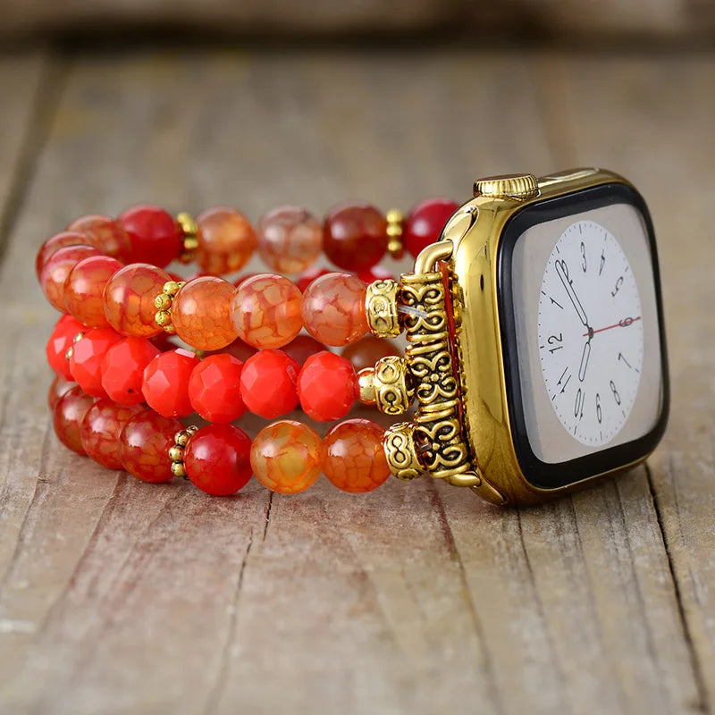Natural Red & Orange Agate Beaded Smartwatch Band
