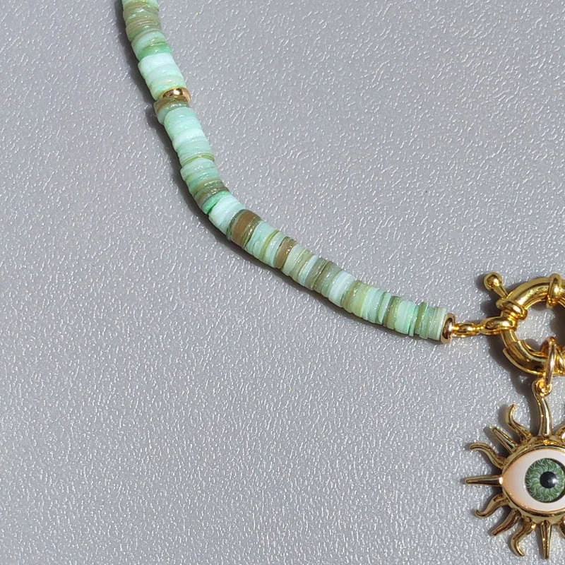 Natural Jade, Amazonite & Shell Evil Eye Gold Plated Lariat Necklace