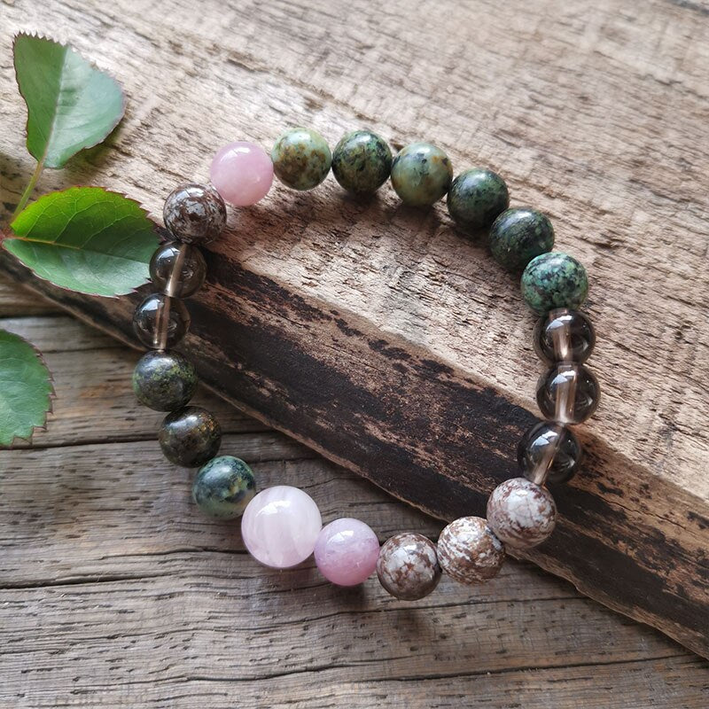 Natural African Turquoise, Smokey Quartz, Pietersite & Rose Quartz 108 Beads Mala Necklace / Bracelet