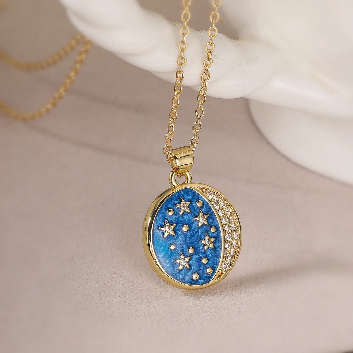 Handmade Enameled Moon Sun & Stars Zircon Pendant Necklace