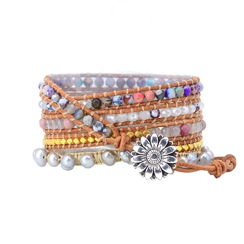 Natural Agate, Mixed Jasper & Freshwater Pearls Leather Wrap Bracelet