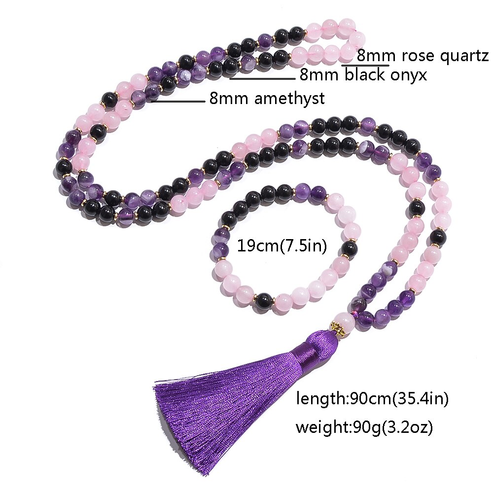 Natural Amethyst, Black Onyx & Rose Quartz 108 Beads Mala Necklace / Bracelet