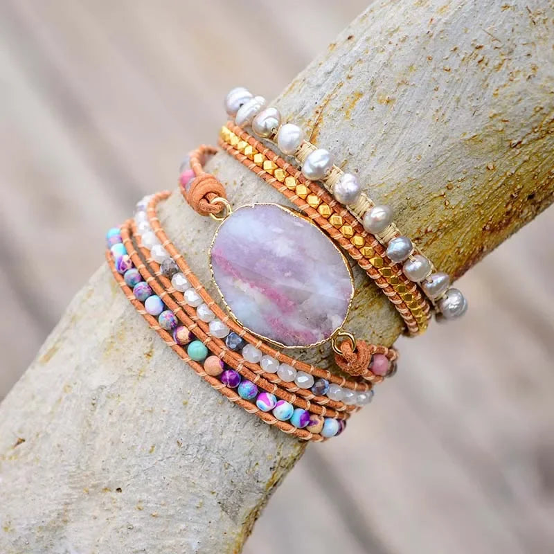 Natural Agate, Mixed Jasper & Freshwater Pearls Leather Wrap Bracelet