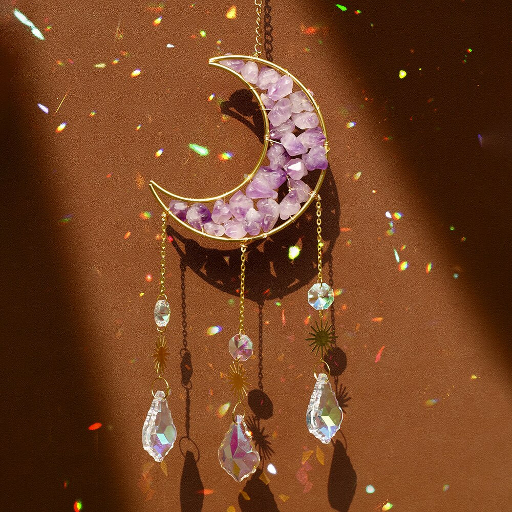 Natural Amethyst & Crystal Moon Sun Catcher / Wind Chime