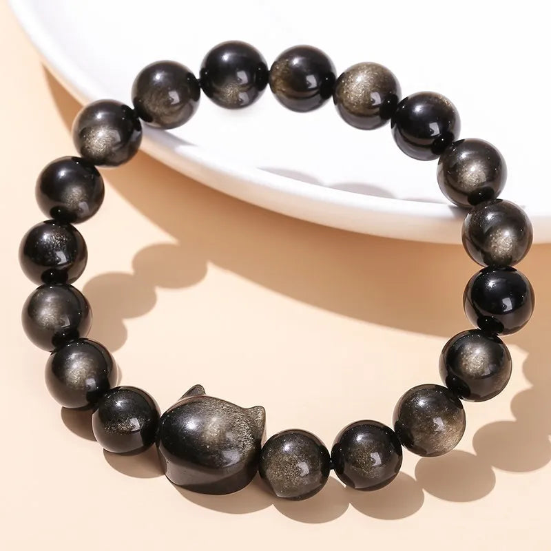 Natural Gold / Silver Sheen Obsidian Cat Bracelet