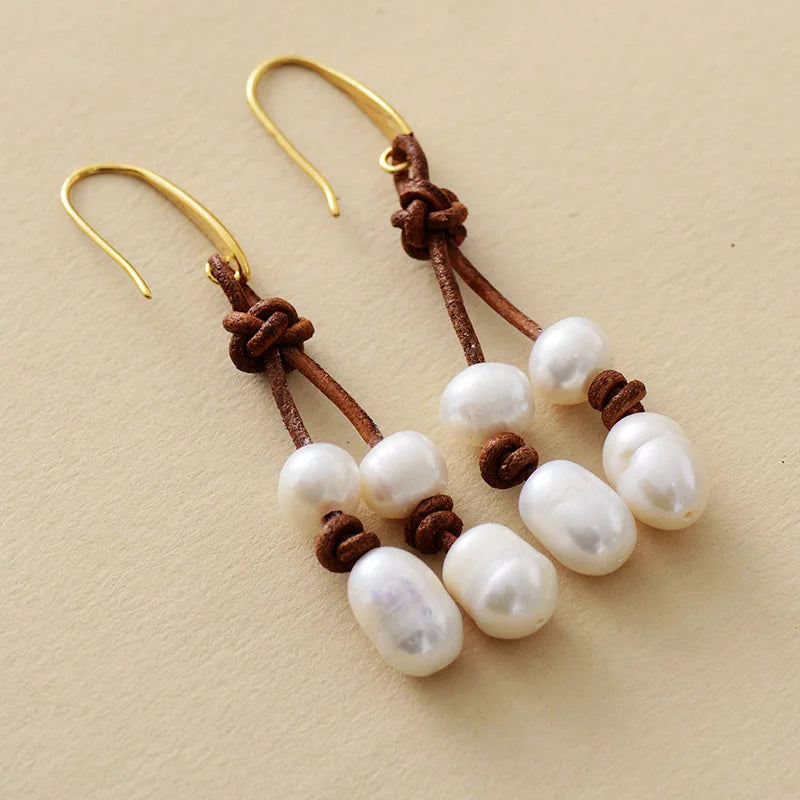 Natural Freshwater Pearls Leather Dangling Earrings