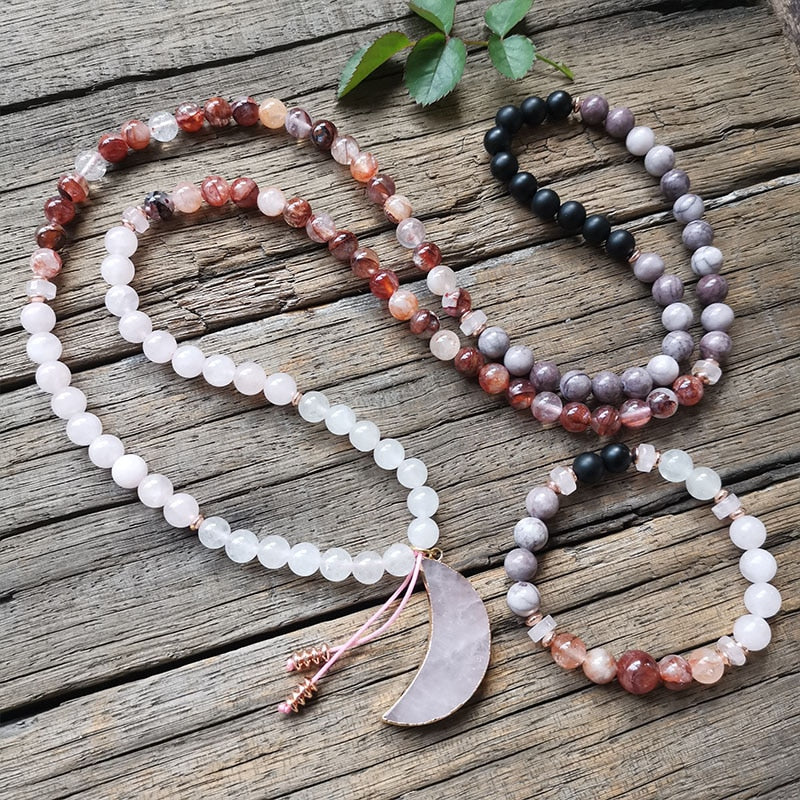 Natural Fire Quartz, Onyx, Jasper, White & Rose Quartz 108 Beads Mala Necklace / Bracelet