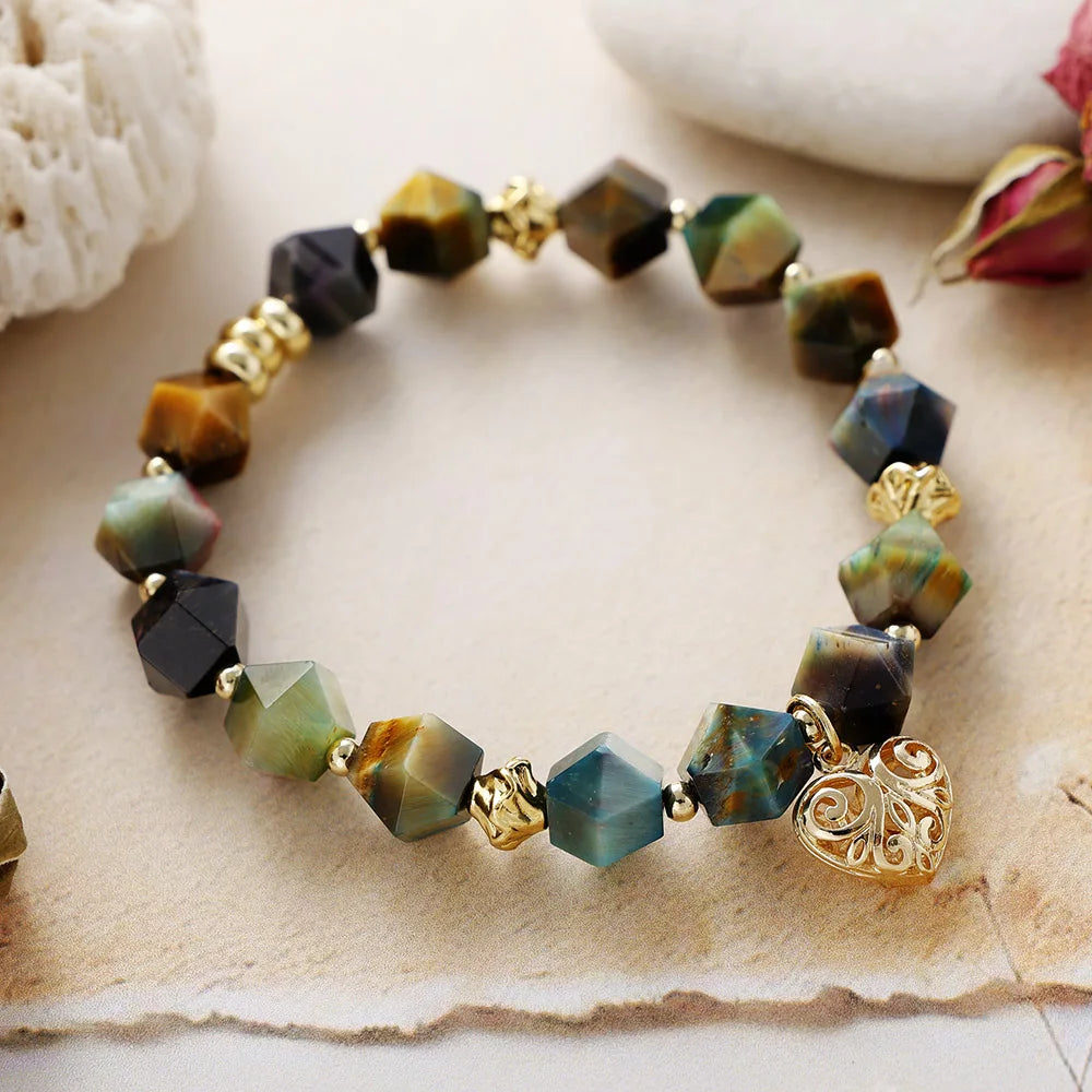 Natural Mixed Tiger's Eye Beads Heart Charm Bracelet