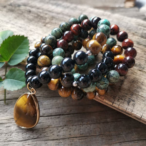 Natural African Turquoise, Tiger's Eye & Onyx 108 Beads Mala Necklace / Bracelet