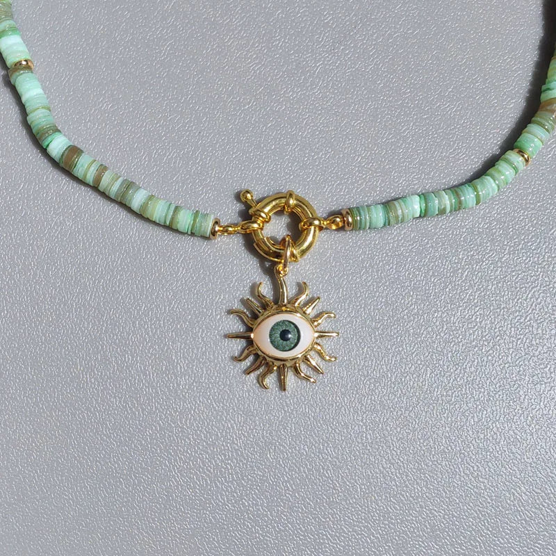 Natural Jade, Amazonite & Shell Evil Eye Gold Plated Lariat Necklace