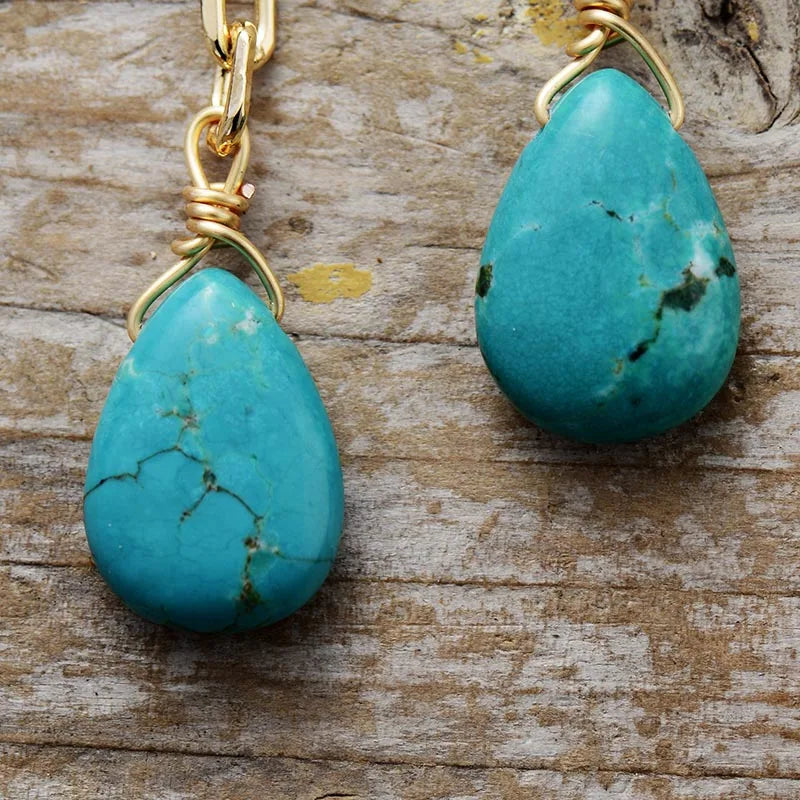 Natural Turquoise Gold Plated Long Earrings