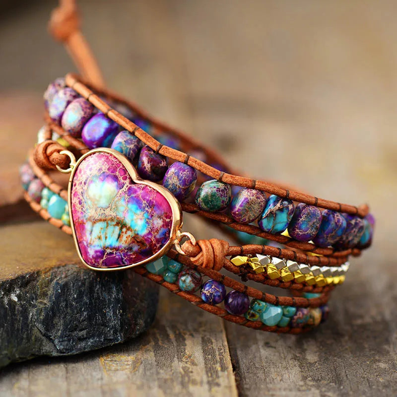 Natural Imperial Jasper Heart  Leather Wrap Bracelet