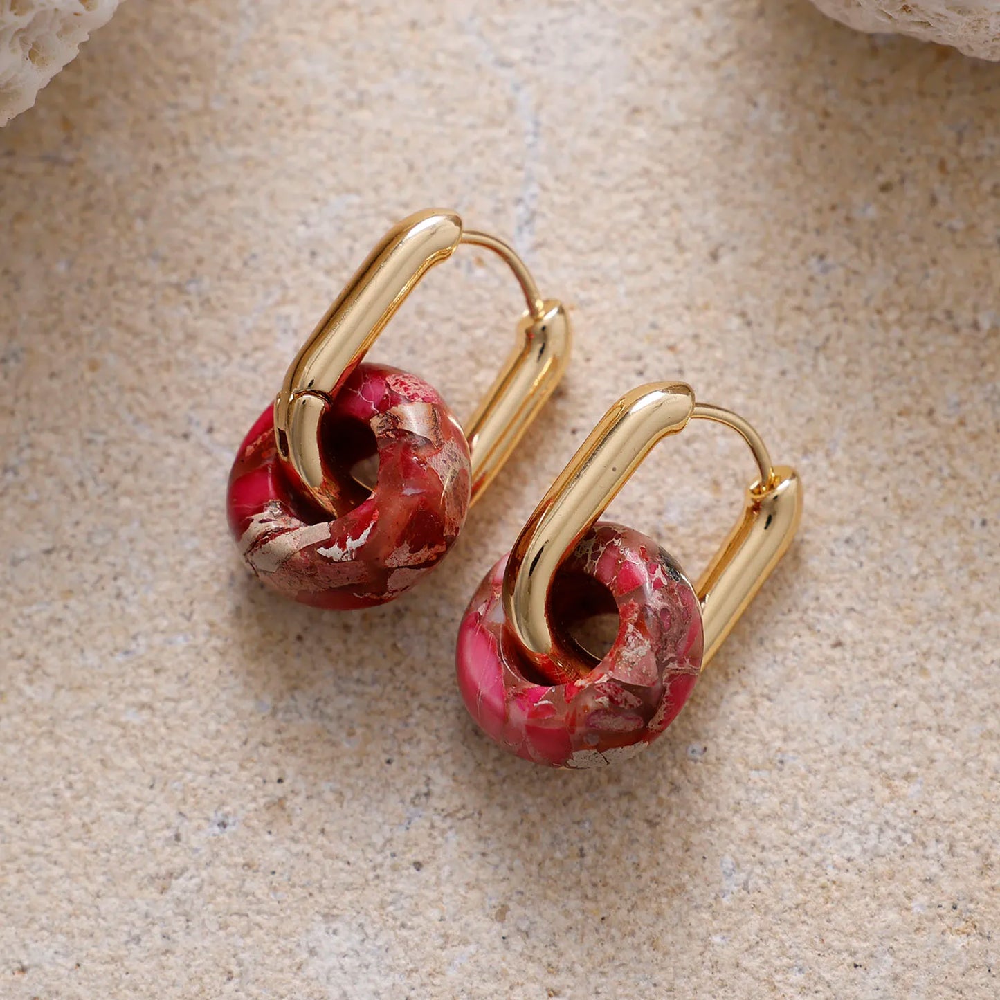 Natural Imperial Jasper Gold Plated Hoop Earrings