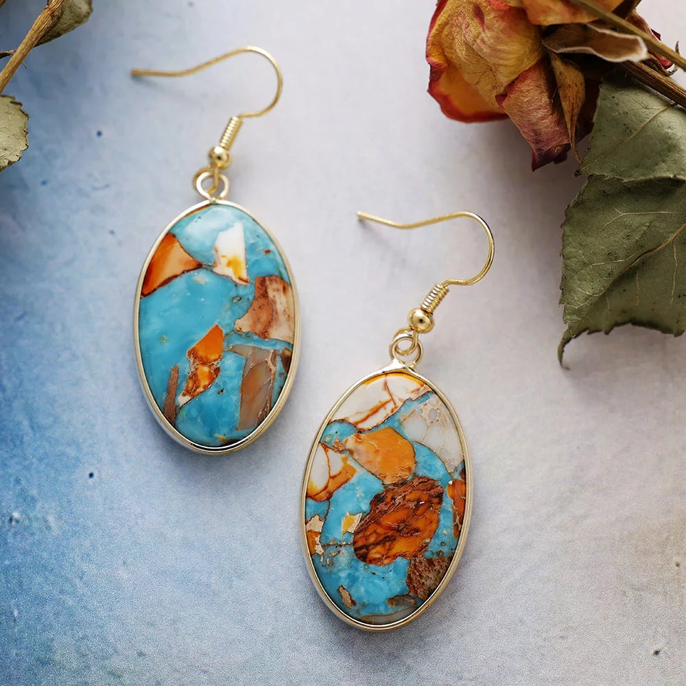 Natural Ocean Jasper Gold Plated Oval Earrings
