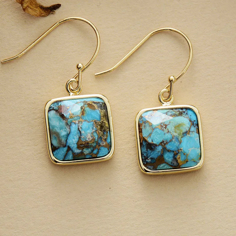 Natural Turquoise Gold Plated Squared Earrings