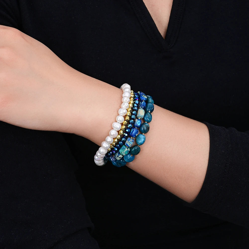 Natural Apatite, Hematite & Freshwater Pearls Double Layered Necklace Wrap Bracelet