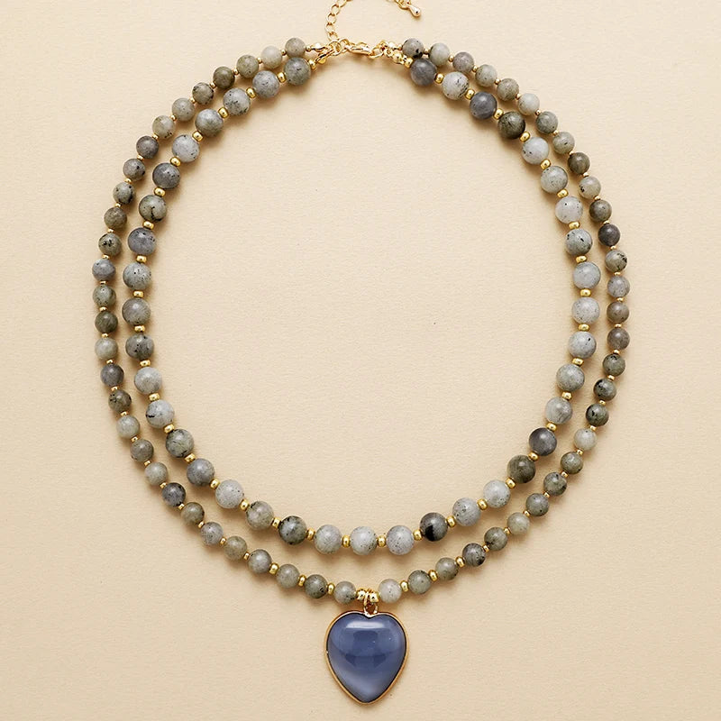 Natural Labradorite Heart Pendant Layered Necklace