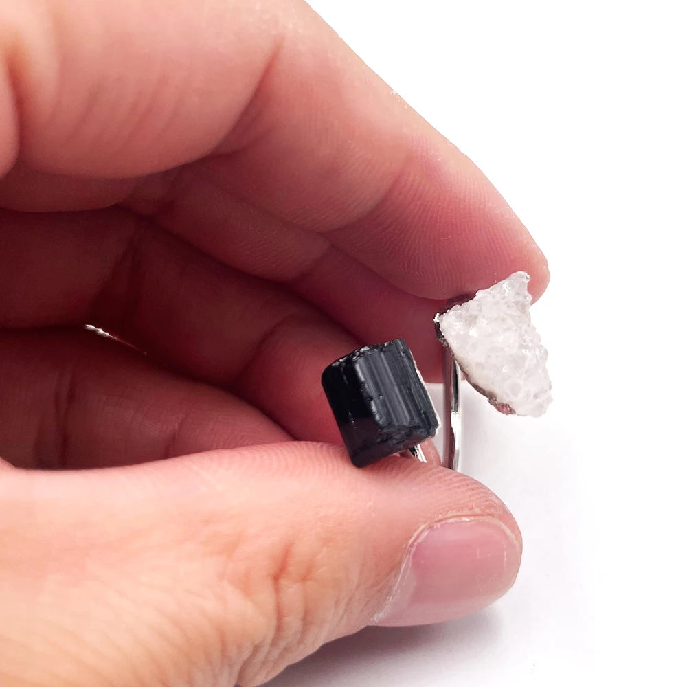 Natural Black Tourmaline & Clear Quartz Open Adjustable Ring