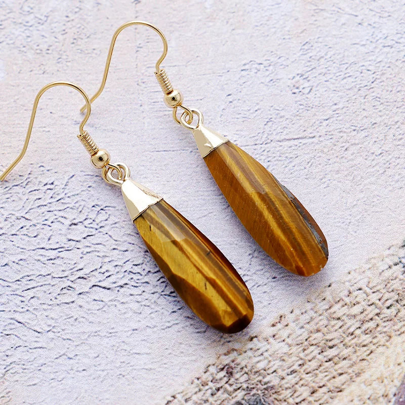 Natural Tiger's Eye Gold Plated Teardrop Long Earrings