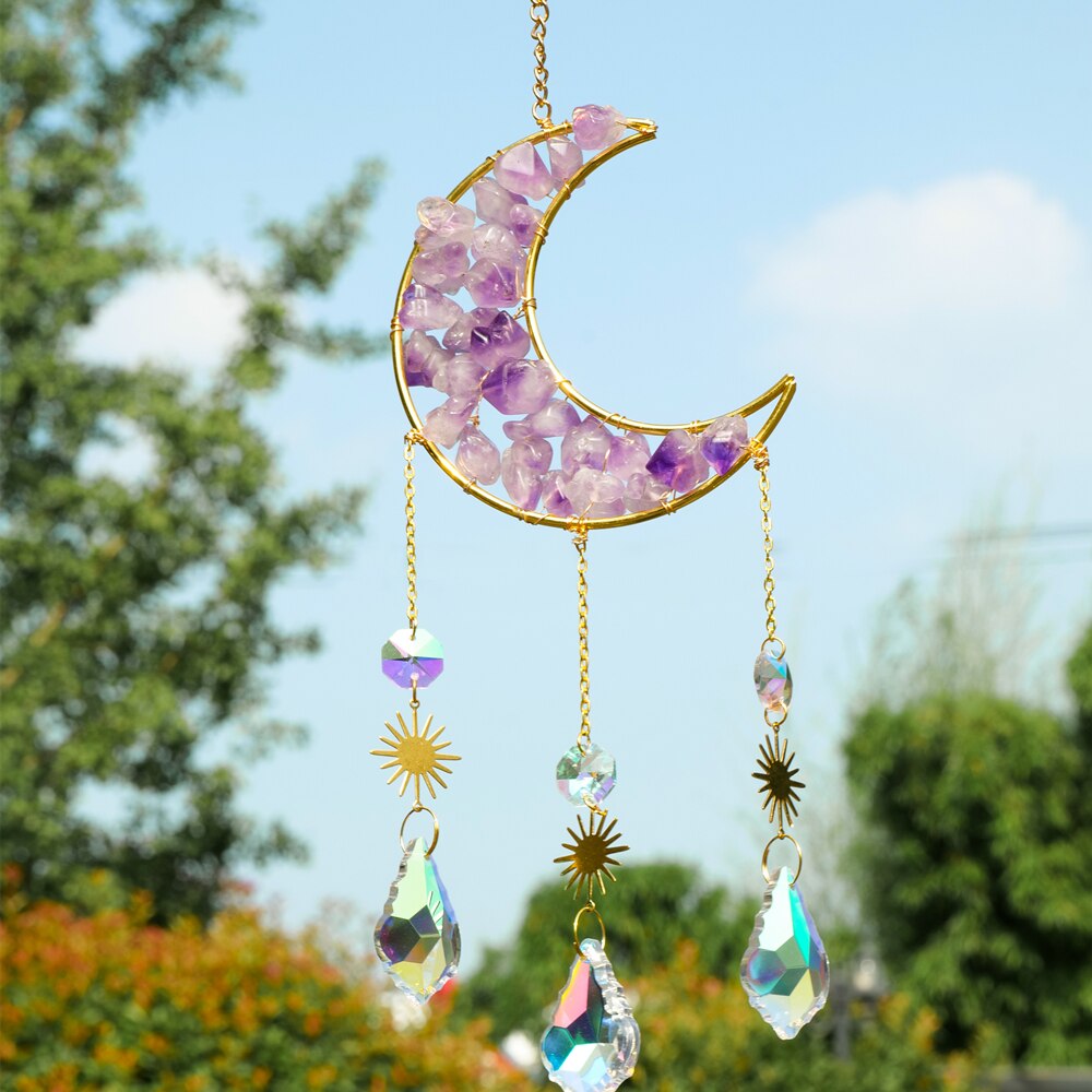 Natural Amethyst & Crystal Moon Sun Catcher / Wind Chime