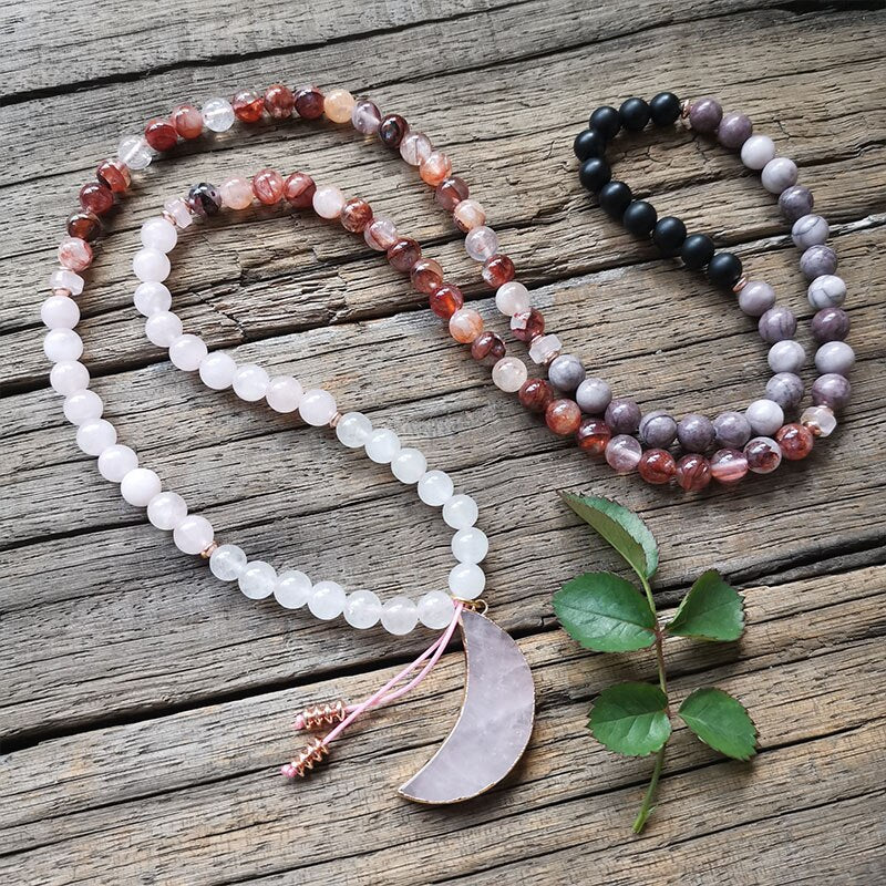 Natural Fire Quartz, Onyx, Jasper, White & Rose Quartz 108 Beads Mala Necklace / Bracelet