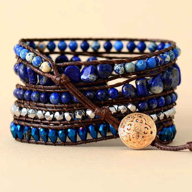 Natural Lapis Lazuli & Blue Jasper Vegan Wrap Bracelet