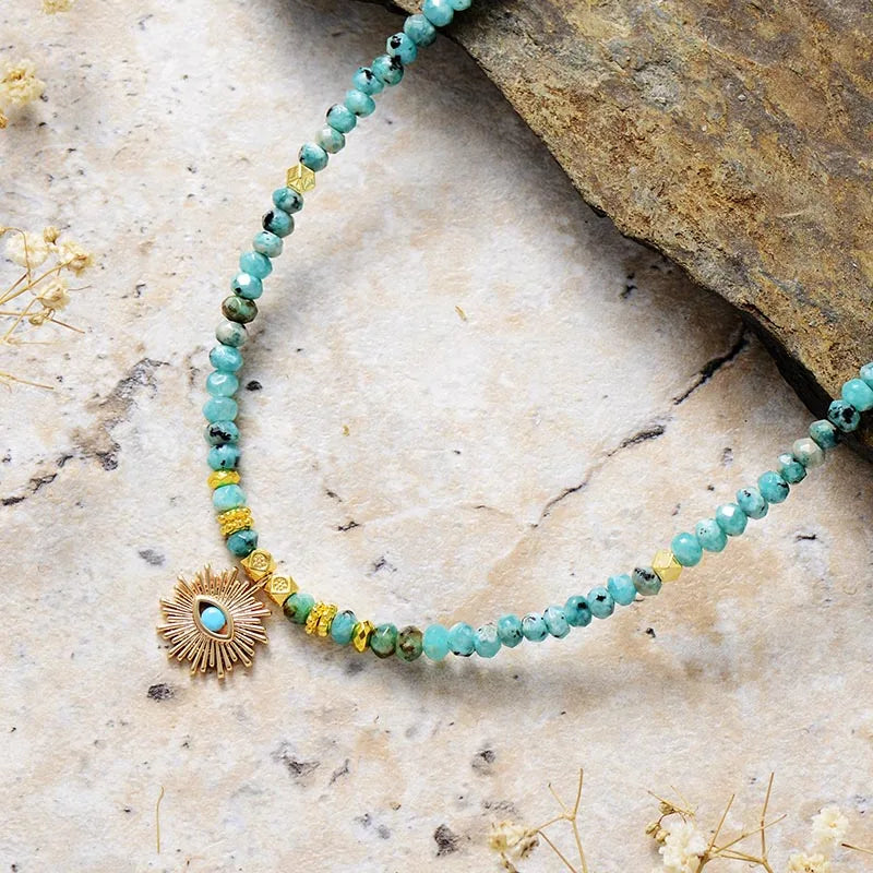 Natural Amazonite & Kiwi Jasper Evil Eye Choker Necklace