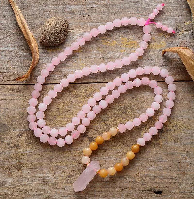 Natural Rose Quartz & Jade 108 Beads Mala Hexagonal Pendant Necklace Bracelet