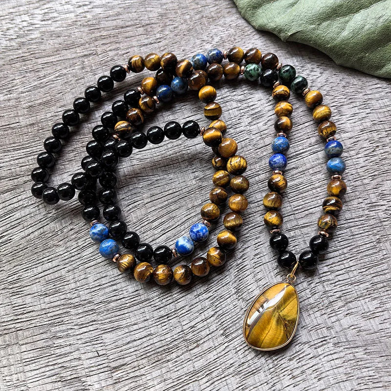 Natural Ruby Zoisite, Tiger Eye, Lapis Lazuli & Black Onyx 108 Beads Mala Set