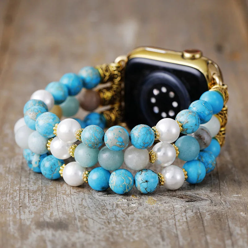 Natural Turquoise Jasper, Freshwater Pearls & Amazonite Beaded Smartwatch Band