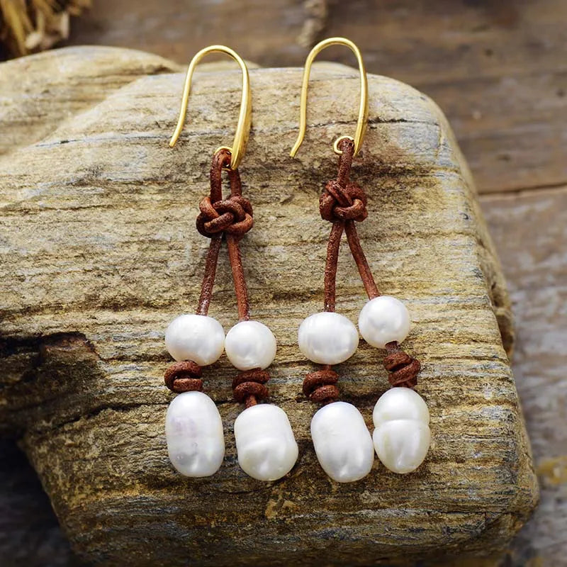 Natural Freshwater Pearls Leather Dangling Earrings