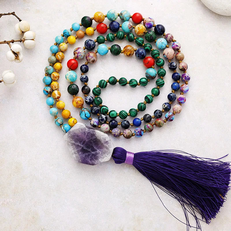 Natural Mixed Jasper Malachite & Amethyst 108 Beads Mala Necklace