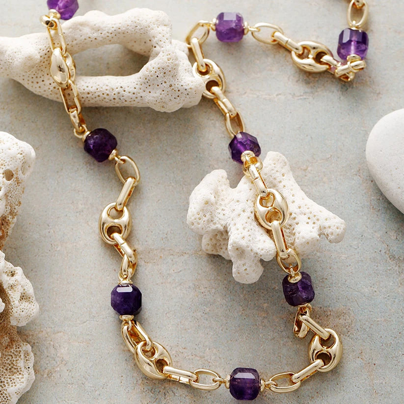 Natural Amethyst Gold Plated Chunky Chain