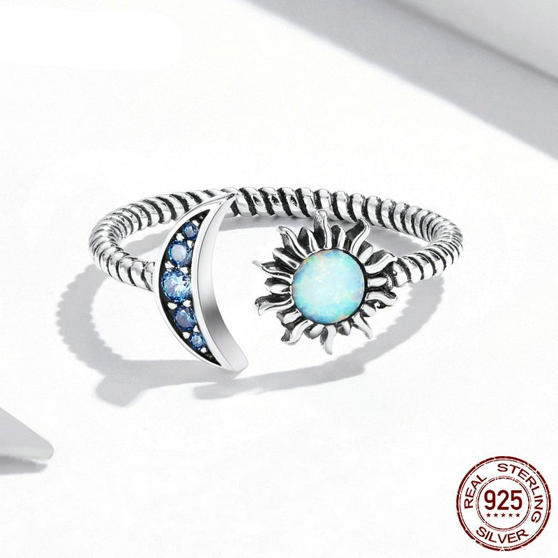 Natural Opal Sterling Silver Sun & Moon Ring