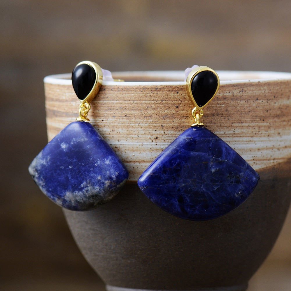 Natural Green Quartz / Sodalite Fan-shaped Earrings