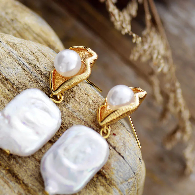 Natural Freshwater Pearls Gold Plated Sea Shell Earrings